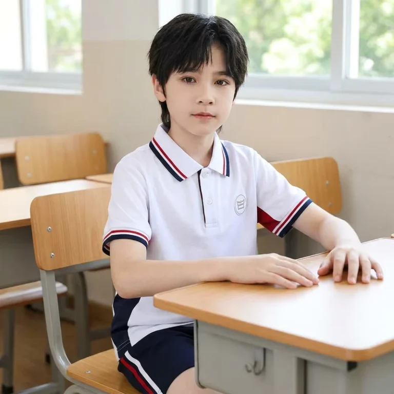 CHINEE-521001-Breathable-Cotton-School-Uniform-Set-Custom-Logo-Print-White-Polo-Shirt-Navy-Pleated-Skirts-for-Boys-and-Girls-1