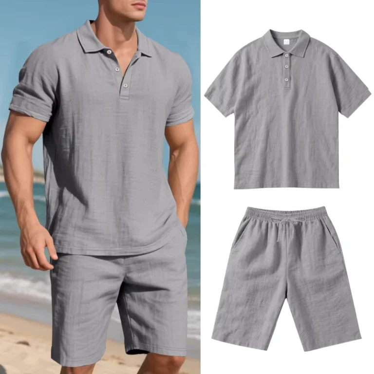 CHINEE-American-style-summer-mens-loose-and-casual-linen-breathable-POLO-shirt-with-short-beach-sleeves-and-shorts-set