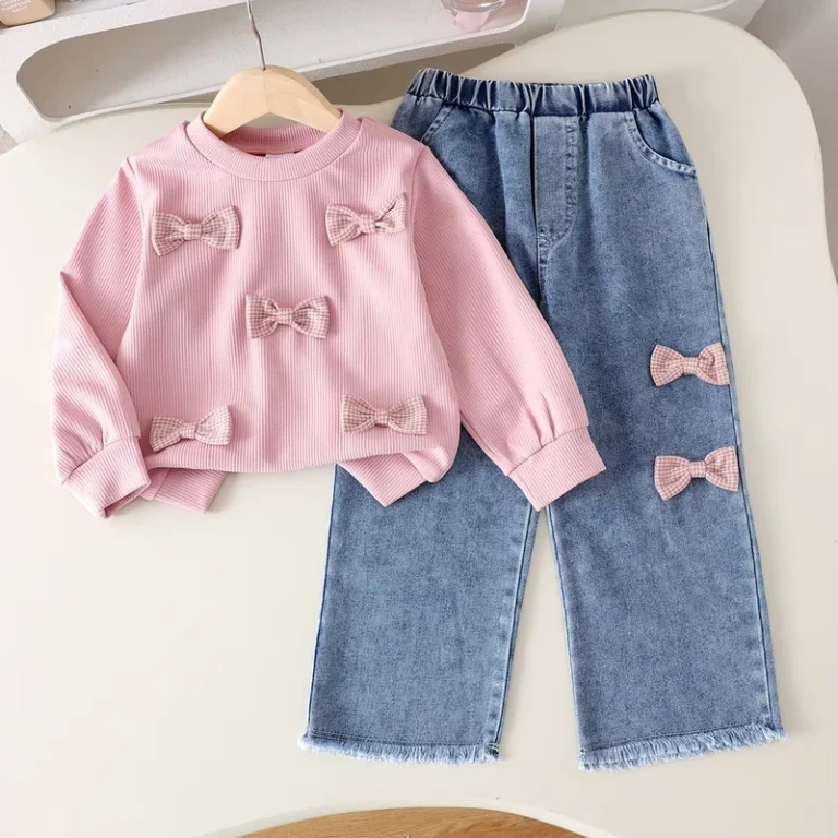 CHINEE-Autumn-Spring-New-Girls-Suit-2-7y-Girl-Long-Sleeved-Bow-Shirt-Keans-Two-Piece-Clothes-Set-1