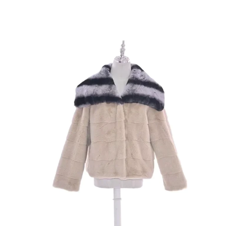 CHINEE-Beige-Woven-Windproof-Faux-Rabbit-Fur-Wide-Lapel-Short-Womens-Jacket