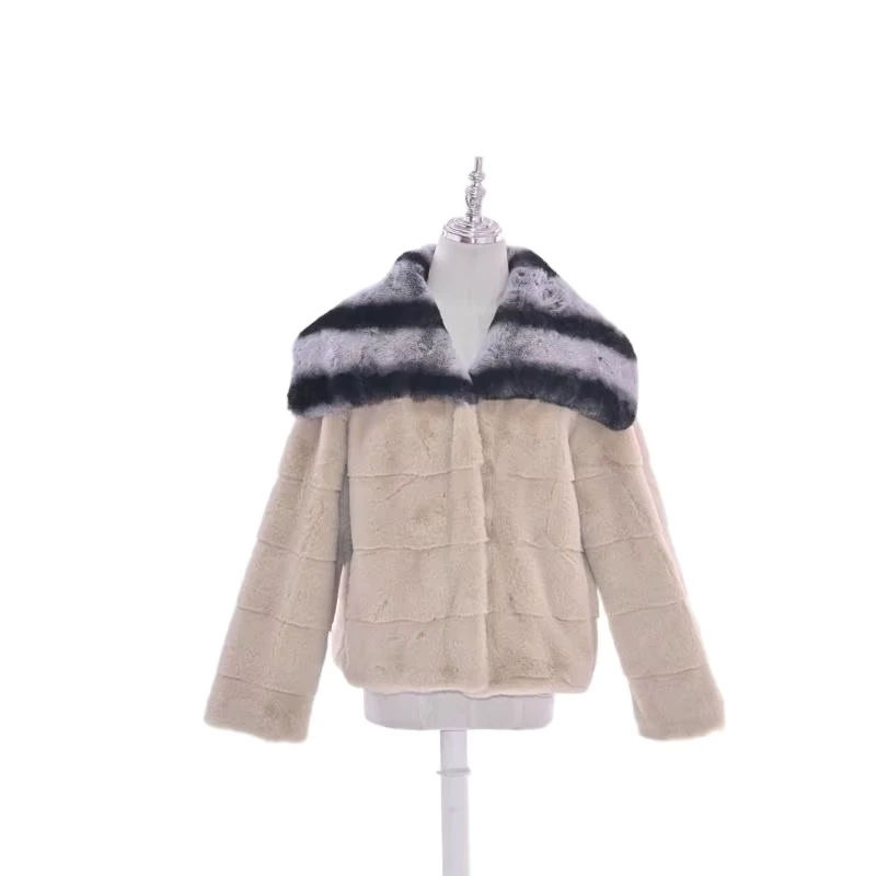 CHINEE-Beige-Woven-Windproof-Faux-Rabbit-Fur-Wide-Lapel-Short-Womens-Jacket