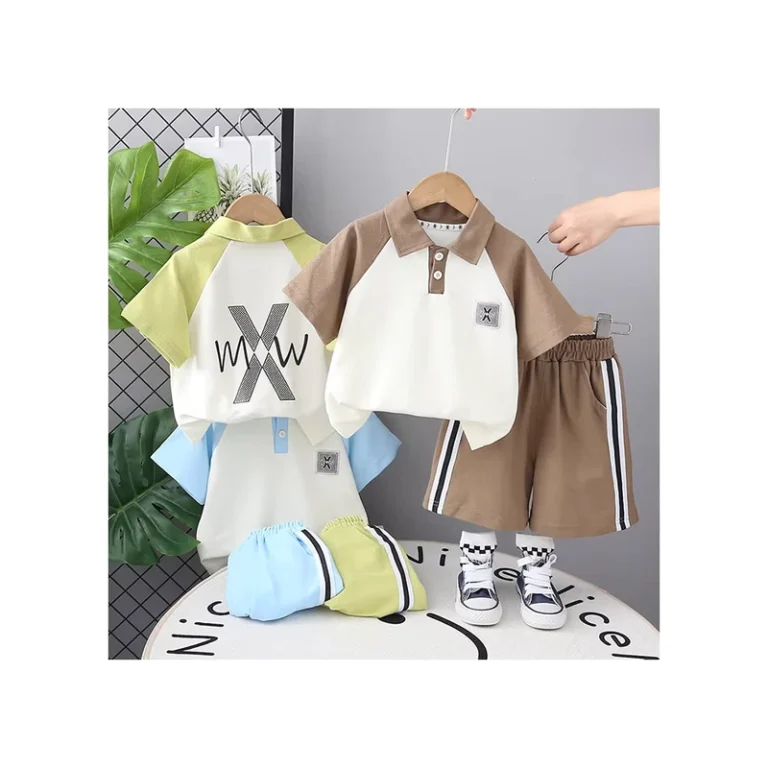 CHINEE-Boutique-New-Handsome-Boys-Color-Blocked-Letter-Summer-Short-Sleeve-2pcs-Set-Round-Collar-Polo-Shirts-Pants-Set