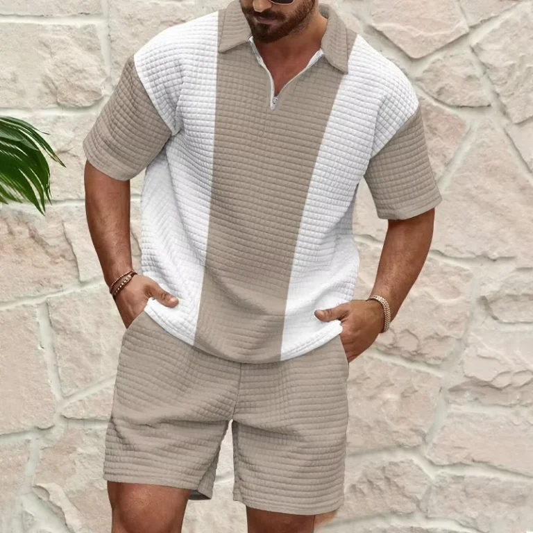 CHINEE-Boutique-Quality-Summer-Loose-Fit-Casual-Sporty-Polo-Collar-Quarter-Zip-Mens-T-shirt-Breathable-Drawstring-Shorts-Set