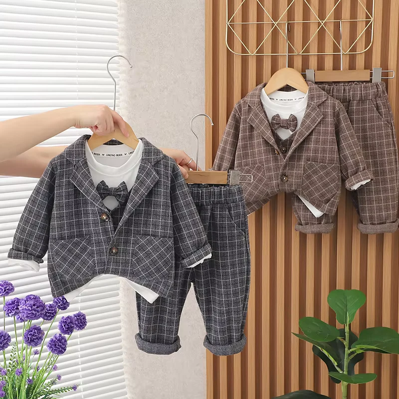 CHINEE-Boys-Autumn-Suit-Childrens-Baby-Spring-and-Autumn-Bowtie-Small-Plaid-Suit-Four-Piece-Set