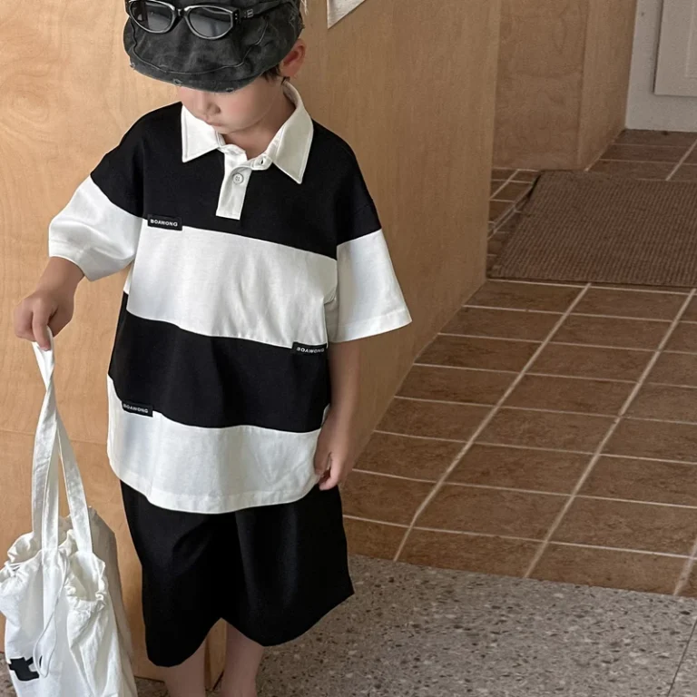 CHINEE-Boys-Black-and-White-Striped-Polo-Shirt-Shorts-Set-Half-Sleeve-Contrast-Collar-Casual-2-Piece-Suit-for-Kids-Casual-Outdoor-1