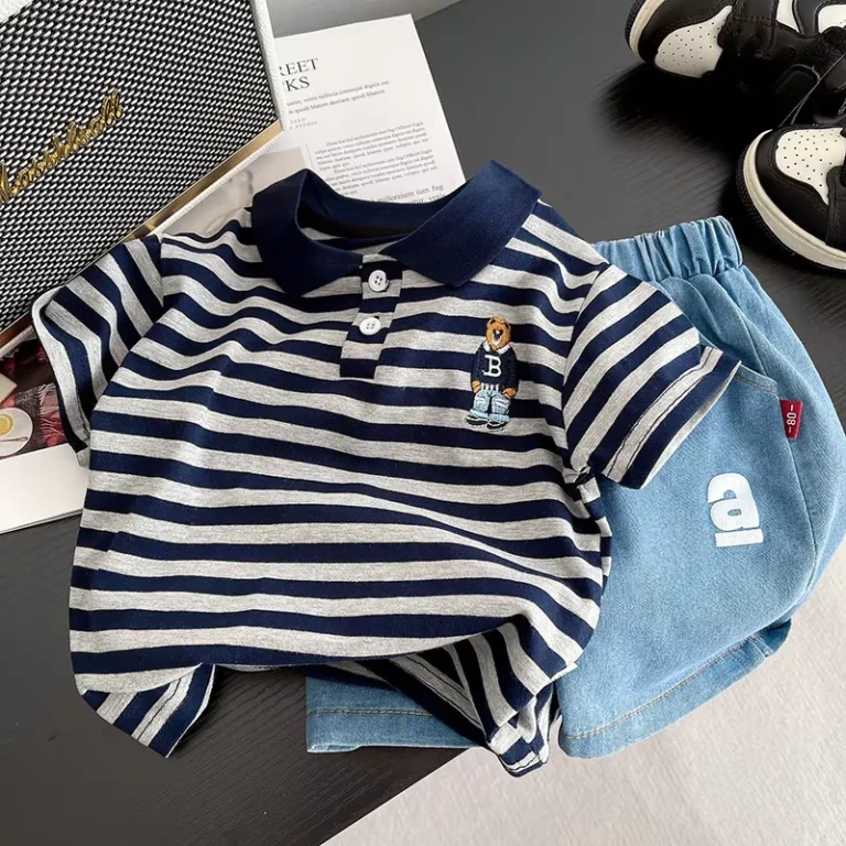 CHINEE-Boys-Childrens-Summer-Two-Piece-Stripe-Casual-Breathable-Short-Sleeve-Polo-Neck-T-shirt-Denim-Shorts-Pants-Sport-Outfit-Set-1
