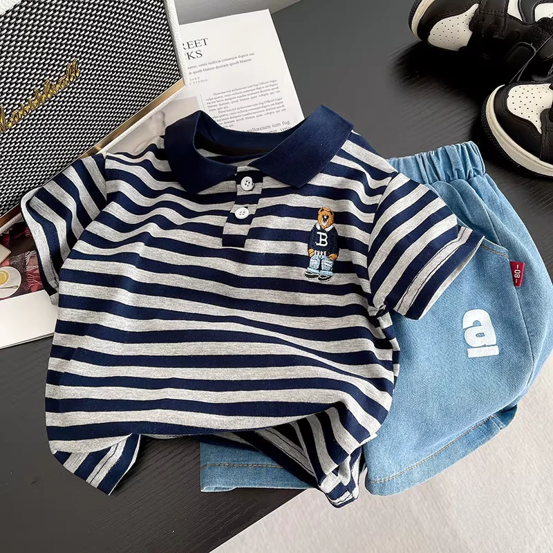 CHINEE-Boys-Childrens-Summer-Two-Piece-Stripe-Casual-Breathable-Short-Sleeve-Polo-Neck-T-shirt-Denim-Shorts-Pants-Sport-Outfit-Set-1