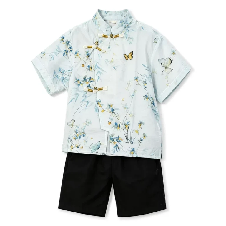 CHINEE-Boys-Chinese-Style-Stand-Collar-Set-Kids-Floral-Print-Short-Sleeve-Shirt-Shorts-2Pcs-Breathable-Viscose-Blend-Outfit
