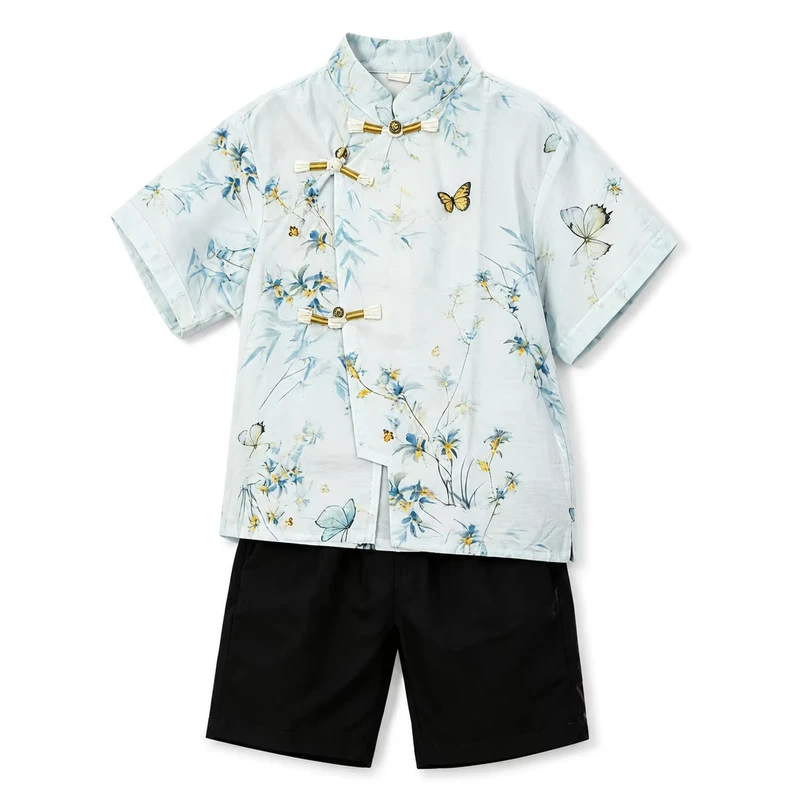 CHINEE-Boys-Chinese-Style-Stand-Collar-Set-Kids-Floral-Print-Short-Sleeve-Shirt-Shorts-2Pcs-Breathable-Viscose-Blend-Outfit