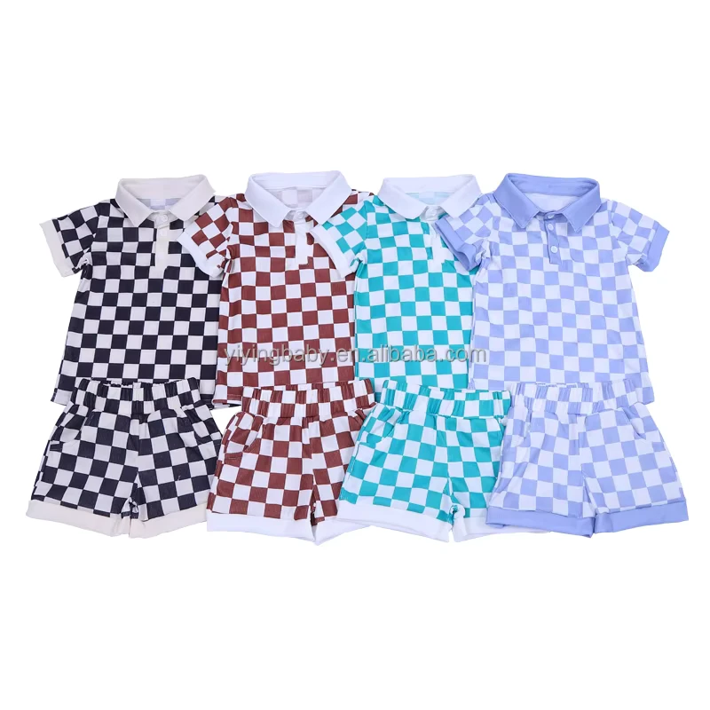 CHINEE-Boys-Summer-Casual-Checkerboard-Print-Polo-Shirt-Shorts-Set-Custom-Boutique-Children-Clothing-2-Piece-Set-for-Daily-Wear