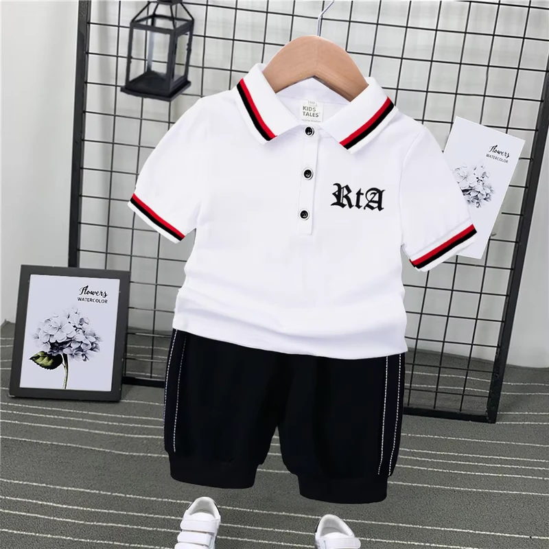 CHINEE-Boys-Trendy-Summer-T-Shirt-and-Shorts-Polo-Set-Loose-Korean-Style-100-Cotton-Casual-2-Piece-Outfit-with-Turtleneck-Collar