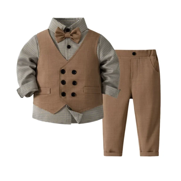 CHINEE-British-Boys-Gentlemans-Dress-Spring-Autumn-Childrens-Vest-Plaid-Long-Sleeve-Shirt-Wedding-Flower-Small-Suit-Set-Polyester