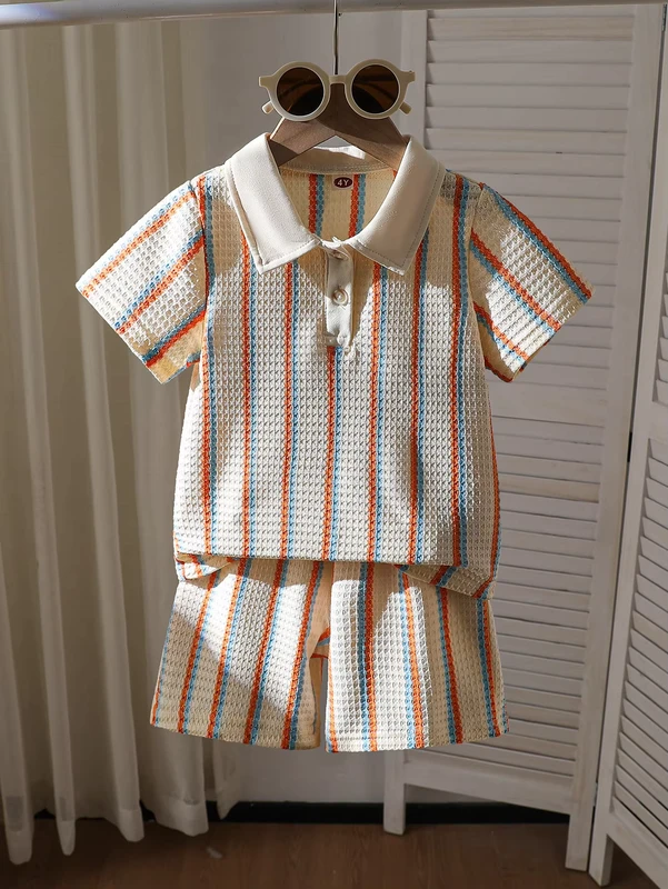 CHINEE-Casual-Boys-Clothing-Set-Short-Sleeves-Textured-Striped-Polo-T-Shirt-Shorts-2-Pieces-Outfit-for-Kids