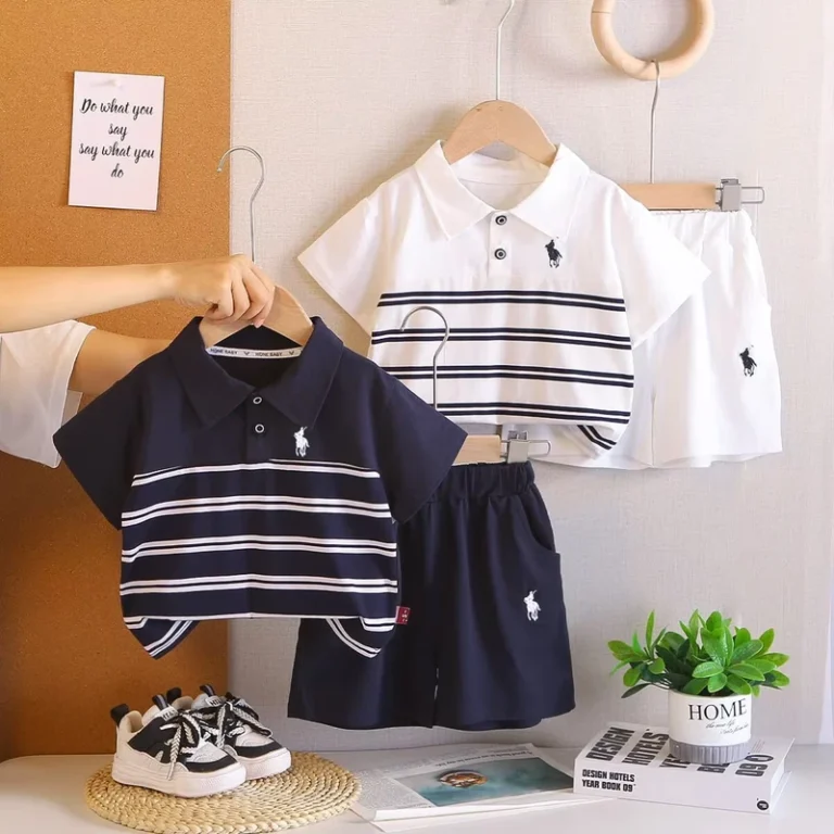 CHINEE-Childrens-Clothing-Boys-Girls-Korean-style-Cotton-Lapel-Striped-Shirt-Suit-Color-Matching-Summer-Short-1