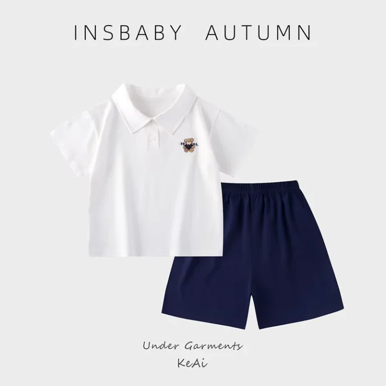 CHINEE-Childrens-Polo-Shirt-Short-sleeve-Set-in-British-Style-Heavy-Weight-180g-Cotton-Boys-and-Girls-Two-piece-Set