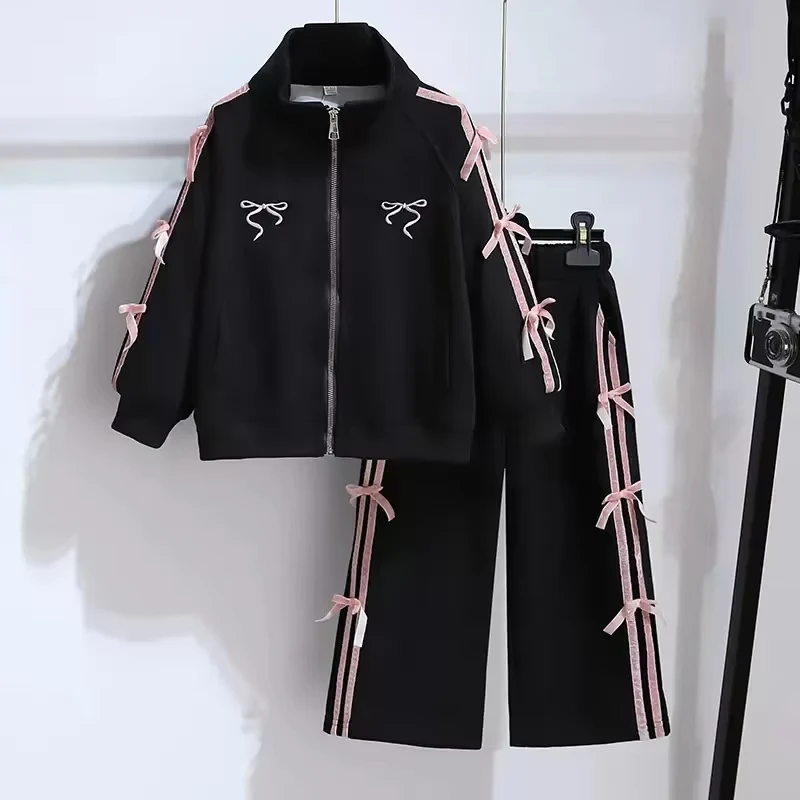 CHINEE-Childrens-Spring-Autumn-New-Foreign-Style-Sweet-Princess-Style-Suit-Girls-Polyester-Solid-Color-Zipper-Coat-Pants-Set