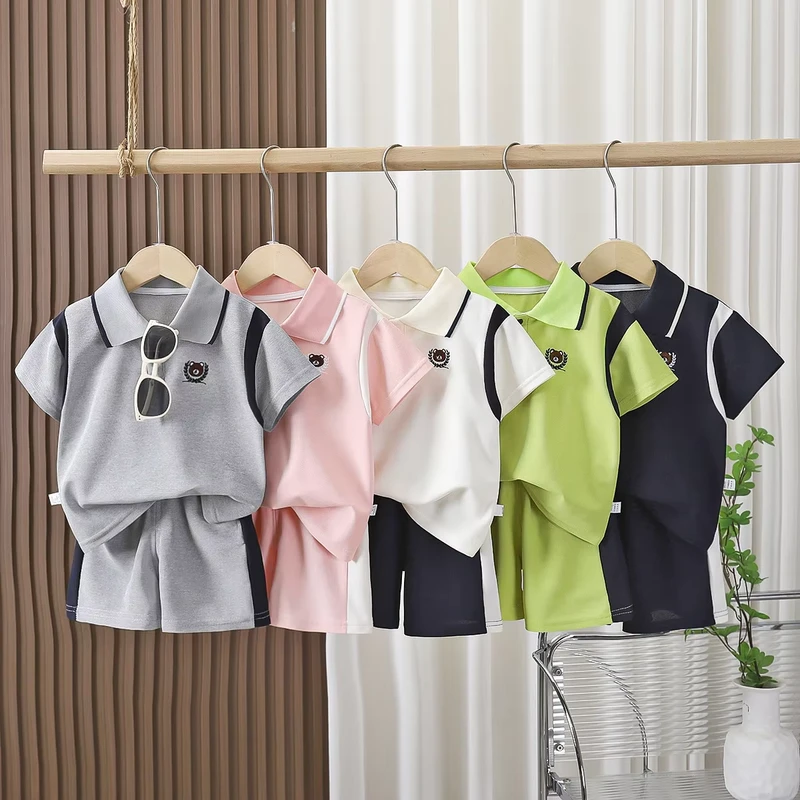 CHINEE-Childrens-Summer-Short-sleeved-for-Shirt-Shorts-Two-piece-Set-Imitation-Boys-Cotton-Pique-Fabric-Solid-Cartoon-Pattern-1