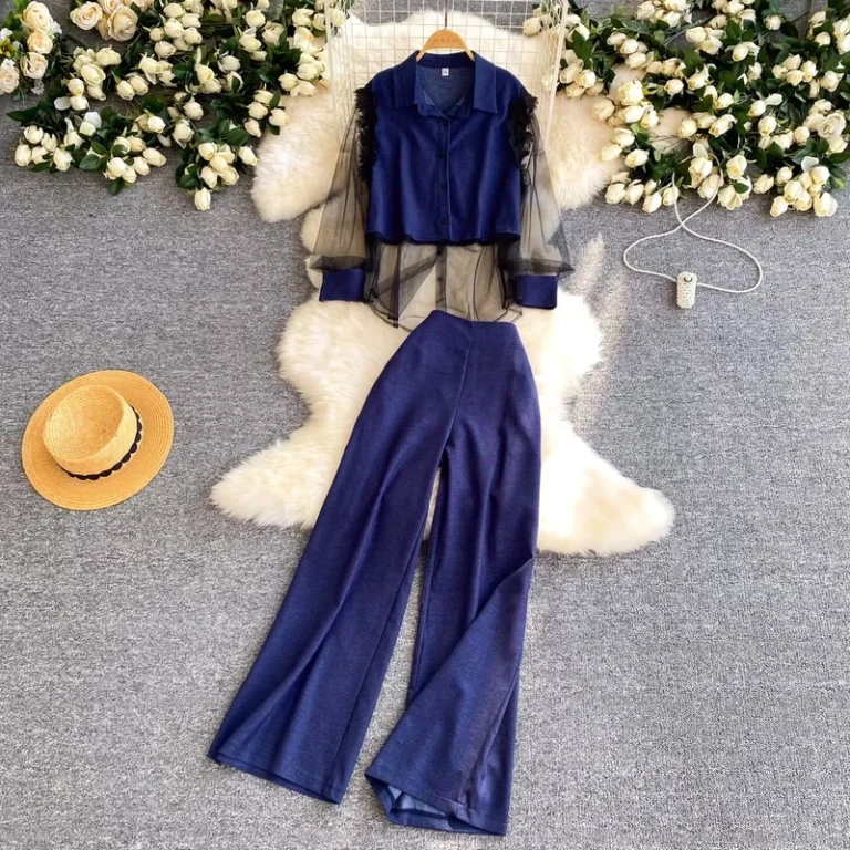 CHINEE-Commuting-Style-Hollow-Cardigan-Wide-Leg-Pants-Womens-Autumn-New-Look-Slimming-Two-piece-Set-Light-Mature-Style-Set-1