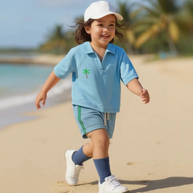 CHINEE-Cotton-Baby-Outfit-Sets-Toddler-Blue-Polo-Collared-Shirt-Shorts-Set-2pcs-Solid-for-Outdoor-Activities-with-Coconut-Tree-Detail