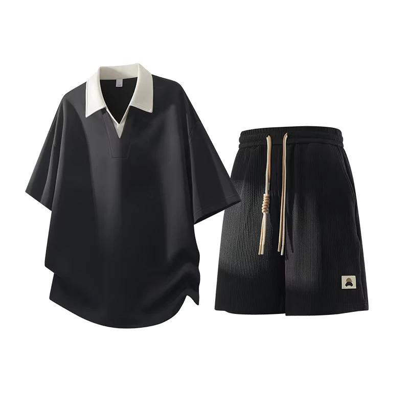 CHINEE-Custom-Logo-OEM-Fashion-Street-Style-T-Shirt-Two-Piece-Set-Summer-Casual-Sports-Loose-Lapel-Mock-Two-Piece-Polo-Shirt-Shorts-Set-1