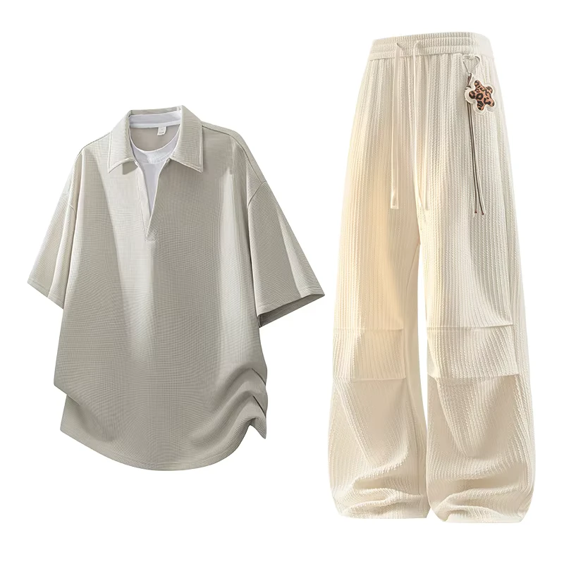 CHINEE-Custom-Logo-OEM-Fashion-Street-Style-Waffle-Two-Piece-Summer-Casual-Ice-Silk-Loose-Lapel-Mock-Two-Piece-Polo-Shirt-Shorts-Set-1