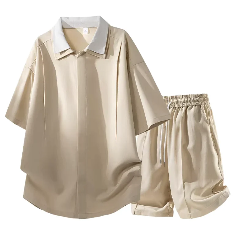 CHINEE-Custom-Logo-OEM-High-Quality-Polyester-Two-Piece-Set-Mens-Summer-Casual-Pleated-Lapel-Short-Sleeve-Shirt-Shorts-Setorts-Set-1