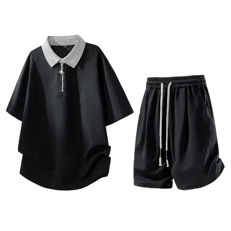 CHINEE-Custom-Logo-OEM-Solid-Color-Mens-Polo-Shirt-Two-Piece-Set-Summer-Casual-Lapel-Zipper-Short-Sleeve-Textured-T-Shirt-Shorts-Set-1