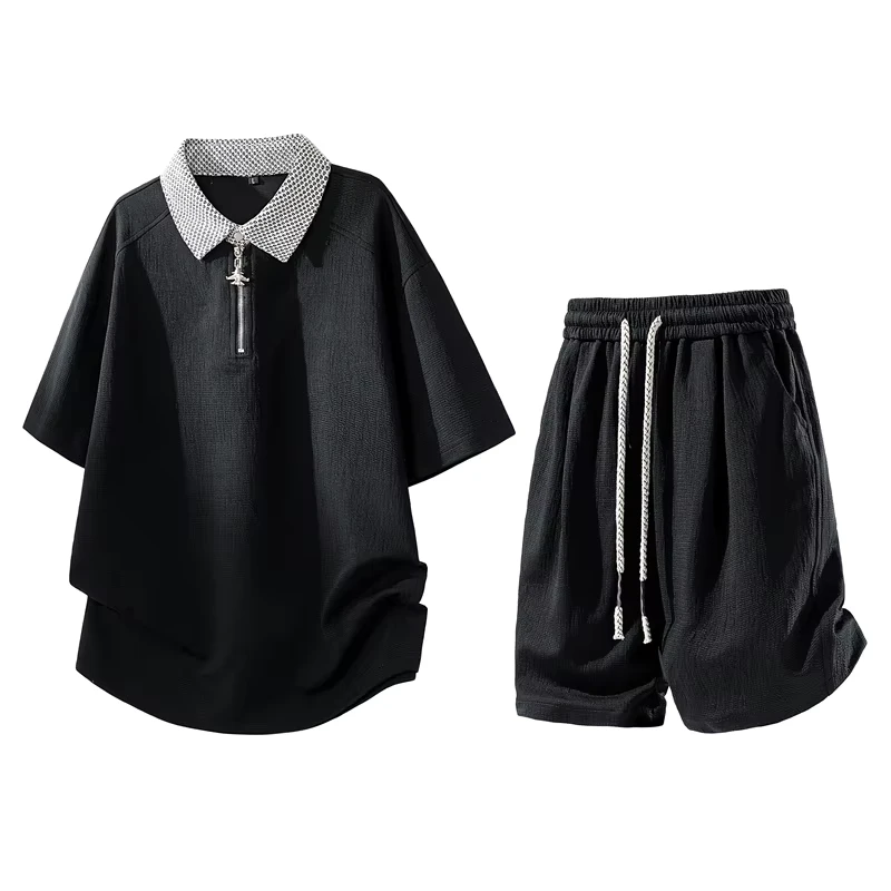 CHINEE-Custom-Logo-OEM-Solid-Color-Mens-Polo-Shirt-Two-Piece-Set-Summer-Casual-Lapel-Zipper-Short-Sleeve-Textured-T-Shirt-Shorts-Set-1