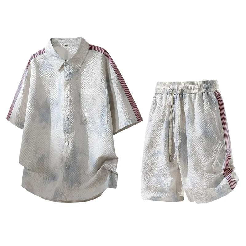 CHINEE-Custom-Logo-OEM-Tie-dye-Print-Shirt-Mens-Two-piece-Set-Summer-Casual-Lapel-Striped-Short-Sleeve-T-shirt-Polo-Shirt-Shorts-Set