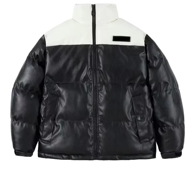 CHINEE-Custom-Logo-Plus-Size-Mens-Black-Leather-Zipper-Puffer-Jacket-with-Shiny-Padded-Design-Outdoor-Casual-Warm-100-Wool-Lined-Coat