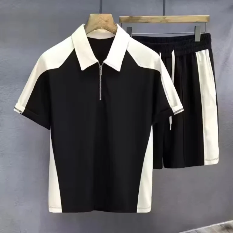 CHINEE-Custom-Mens-2pcs-Casual-Jogging-Suit-Half-Zipper-Contrast-Color-Block-Short-Sleeve-Polo-Shirt-and-Gym-Sports-Shorts-Sets
