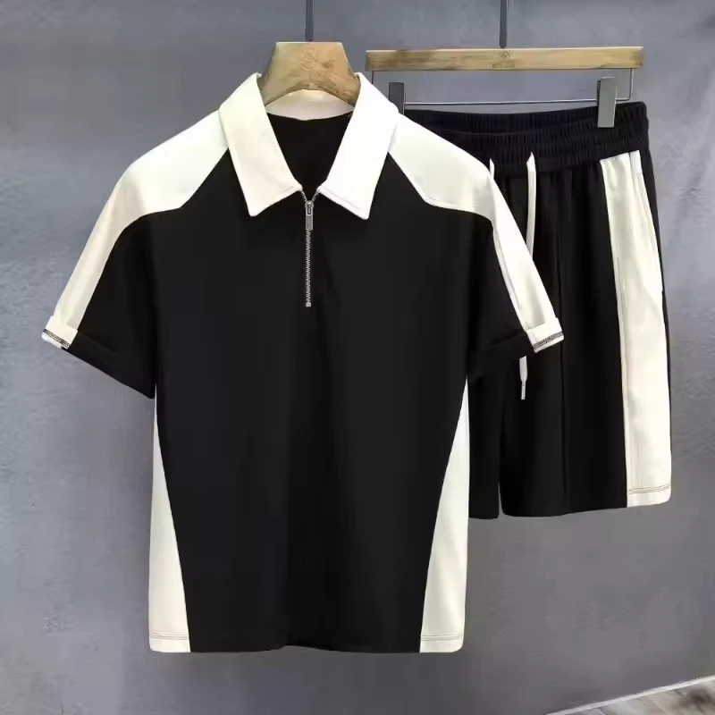 CHINEE-Custom-Mens-2pcs-Casual-Jogging-Suit-Half-Zipper-Contrast-Color-Block-Short-Sleeve-Polo-Shirt-and-Gym-Sports-Shorts-Sets