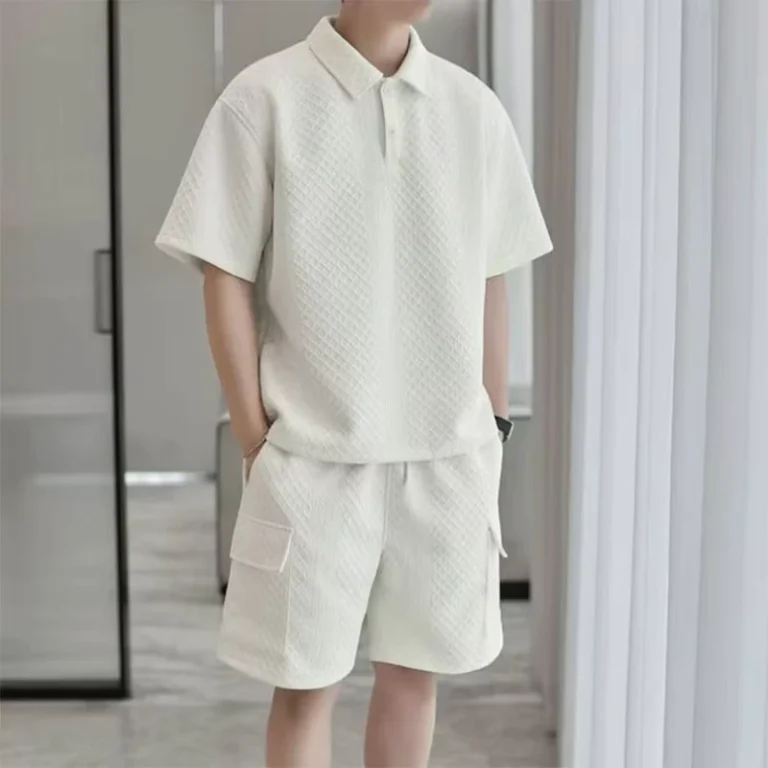 CHINEE-Custom-Mens-Summer-Breathable-Waffle-Short-Sleeve-Shorts-Set-Casual-Solid-Color-Button-Up-Suit-Polo-Shirt-Two-Piece-Pockets