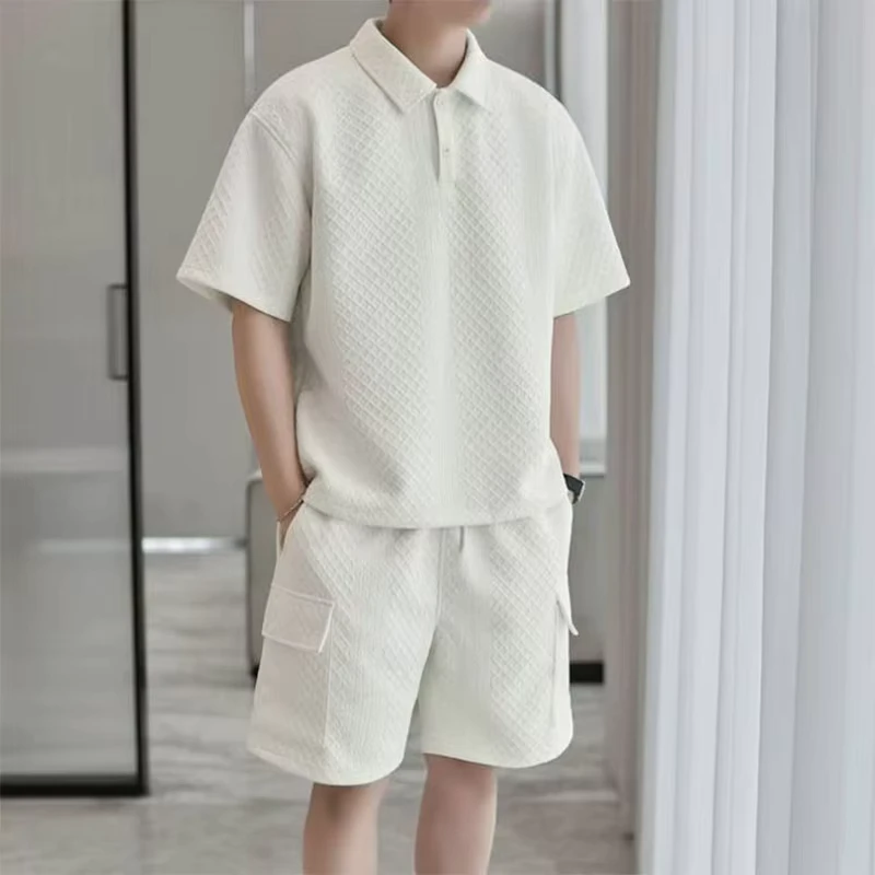 CHINEE-Custom-Mens-Summer-Breathable-Waffle-Short-Sleeve-Shorts-Set-Casual-Solid-Color-Button-Up-Suit-Polo-Shirt-Two-Piece-Pockets