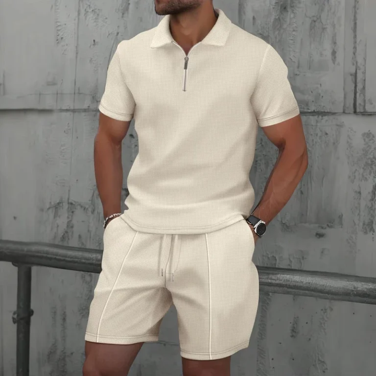 CHINEE-Custom-Mens-Summer-Casual-Set-Solid-Color-Short-Sleeve-Polo-Shirt-with-Zipper-Shorts