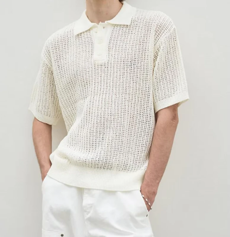 CHINEE-Custom-Summer-All-match-Casual-Mens-Knitted-T-shirt-Polo-Shirt-Hollow-Breathable-Loose-Solid-Color-Short-Sleeve-1