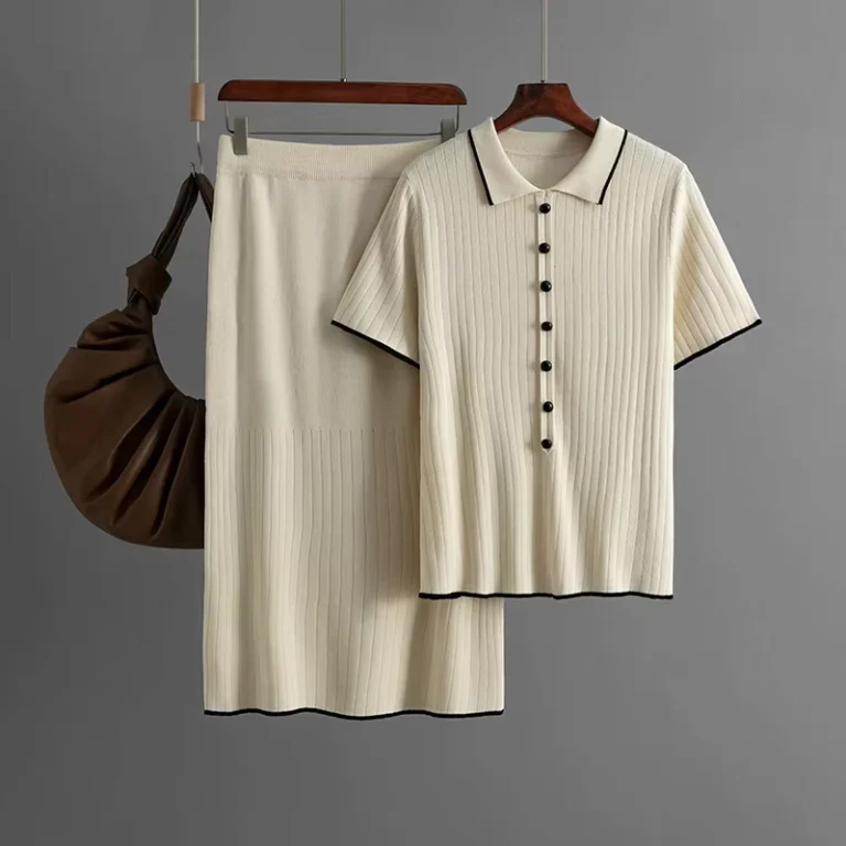 CHINEE-Custom-Woman-Sweater-Summer-Casual-Button-Loose-Knitted-Turn-down-Collar-Polo-T-shirt-and-Elegant-Half-Skirt-2-Piece-Set-2