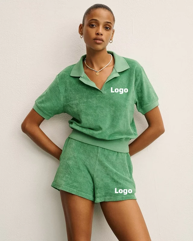 CHINEE-Custom-Women-Clothing-Summer-Lounge-Wear-Solid-Color-Sports-Wear-Terry-Towel-Casual-Crop-Polo-Shirt-Tennis-2-Piece-Shorts-Set