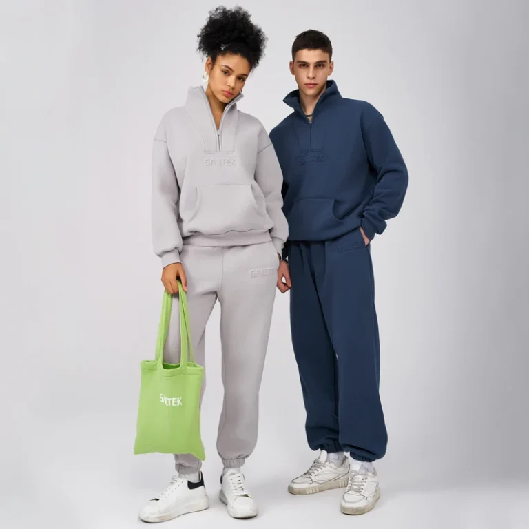 CHINEE-Custom-logo-Unisex-Tracksuit-350-Gsm-Fleece-Organic-Cotton-Embossed-Half-Zip-Sweatshirt-and-Sweatpants-Set-for-Women-and-Men
