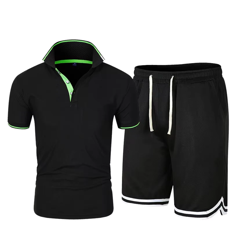 CHINEE-Customized-LOGO-Summer-Mens-Fashion-Short-Sleeve-Shorts-2-Piece-Set-Running-Casual-Collar-Shirt-Solid-Color-TopSports-Pants