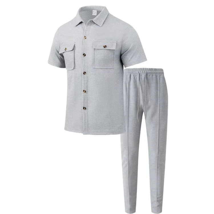 CHINEE-Customized-Logo-Mens-Summer-Casual-Suit-New-Short-Sleeve-Waffle-Pocket-Shirt-and-Shorts-Solid-Color-Polo-Shirts-Sets