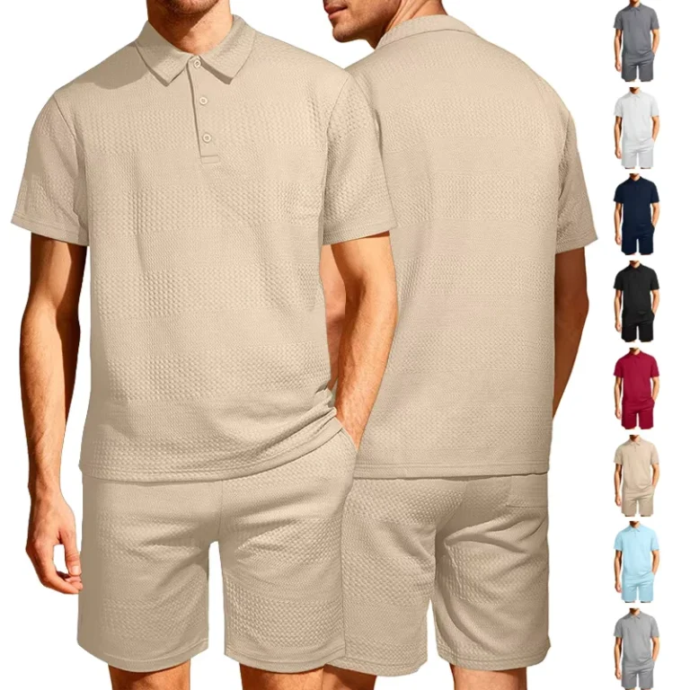 CHINEE-Customized-Mens-Summer-Waffle-Knit-Solid-Color-Short-Sleeve-Button-Polo-Shirt-Shorts-Set-Breathable-Loose-Fit-Casual-Two-Piece