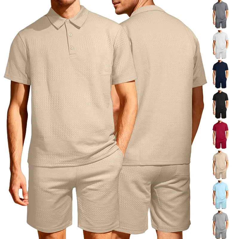 CHINEE-Customized-Mens-Summer-Waffle-Knit-Solid-Color-Short-Sleeve-Button-Polo-Shirt-Shorts-Set-Breathable-Loose-Fit-Casual-Two-Piece
