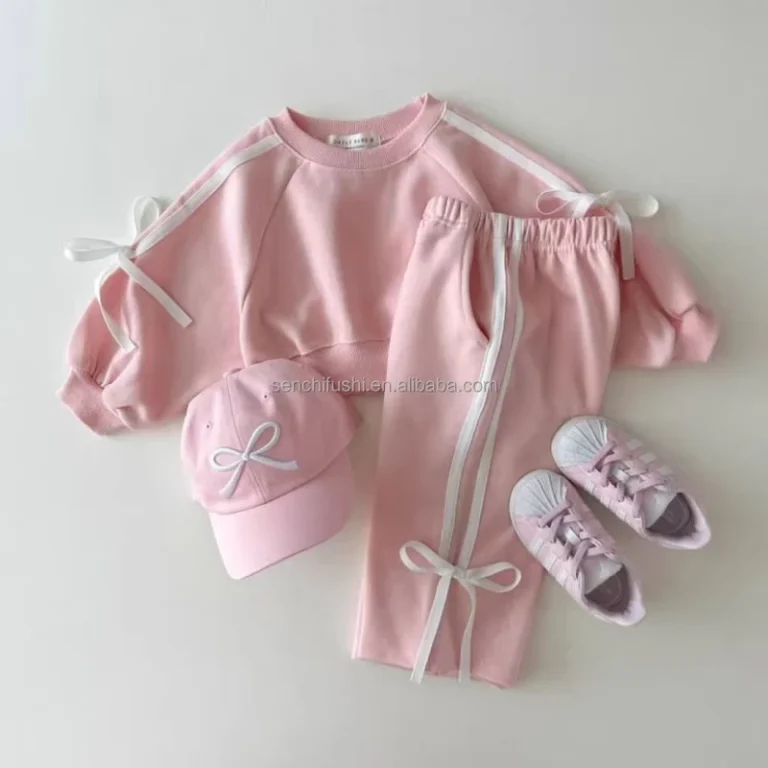 CHINEE-D216-Korean-Version-Spring-Autumn-Baby-Girl-Sports-Bow-Bar-Stitching-Sweater-Suit-Joker-Foreign-Style-Two-Piece-Set-1