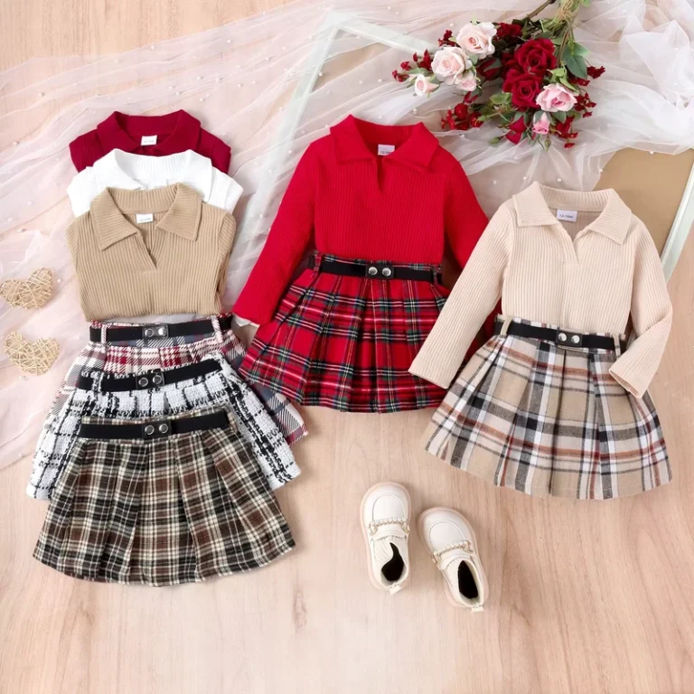 CHINEE-European-American-Small-Medium-Childrens-Casual-Chao-Fan-Suit-Spring-Autumn-Long-Sleeve-Plaid-Pleated-Skirt-Solid-Color-Lapel-1