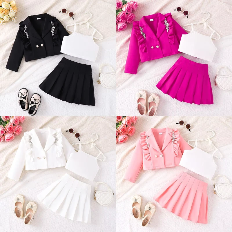 CHINEE-European-American-Spring-Autumn-Girls-Cotton-Short-Sleeve-Pendant-Suit-Coat-Strap-Tank-Top-Pleated-Skirt-Three-Piece-Set-1