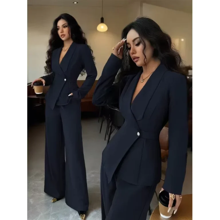 CHINEE-European-American-Style-Womens-Spring-Autumn-Fashion-Formal-Business-Suit-Solid-Color-V-neck-Long-Wide-leg-Pants-Two-piece-Set