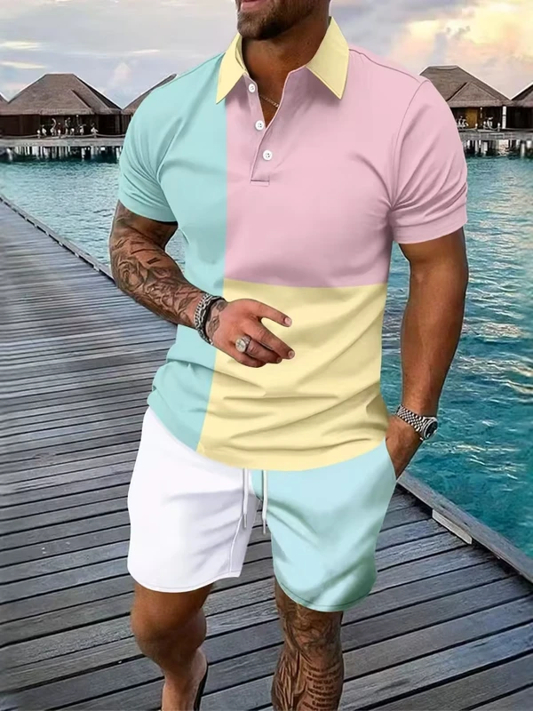 CHINEE-European-and-American-Mens-Multi-color-Casual-Vacation-Style-Suit-with-Short-sleeved-Polo-Shirt-and-Shorts-Mens-T-shirt-Set