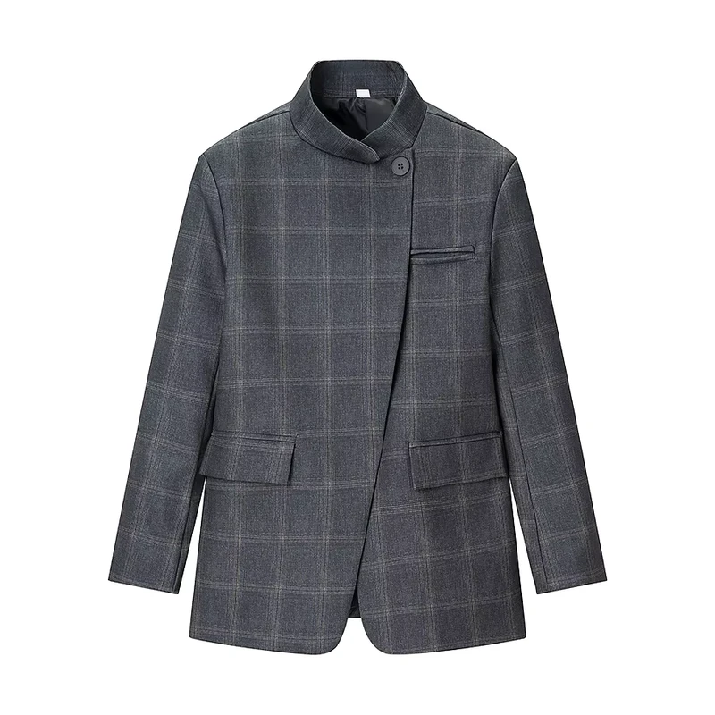 CHINEE-European-and-American-Style-Womens-Clothing-Gray-Plaid-Stand-Collar-Single-Button-Long-Sleeve-Suit-Jacket-3052-1