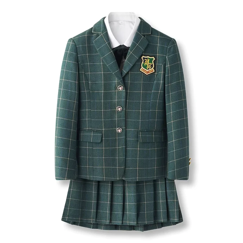 CHINEE-Factory-Custom-Checked-Childrens-School-Uniform-Sets-Green-Color-Polyester-Rayon-Formal-Performance-Host-Dress-for-Spring